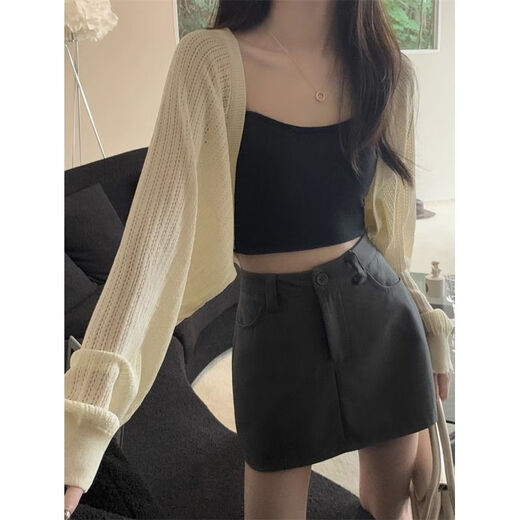 Rongxitu Summer Hollow Sonnencreme langärmelige Pullover Frauen 2024 Neues lose Klimaanlage Hemd Aprikosenfarbe kurzes Strickjacken Top 891 Pulver [9711+ Limited Time 89] S S S S S S S 80-90jin [Jin gleich 0,5 kg]