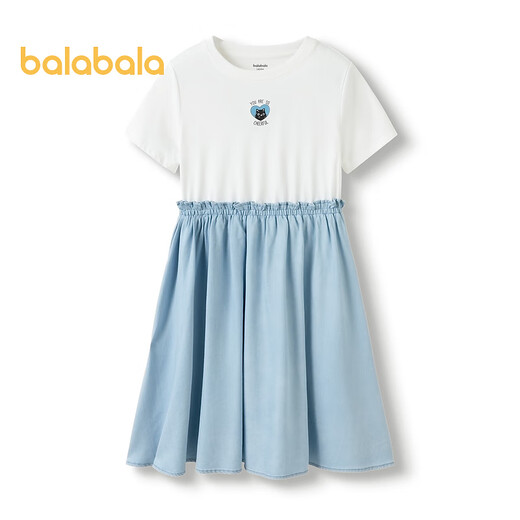 Balabala girls summer dress children's dress big children's fake two-piece sweet printed style skirt denim light blue 88101 130