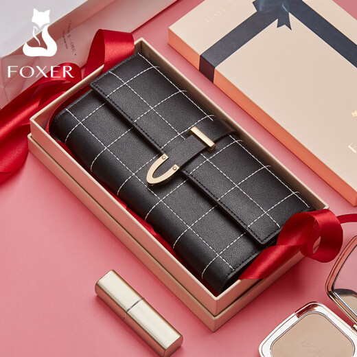 Golden Fox (FOXER) long wallet women's cowhide fashion versatile car line rhombus large capacity coin purse women's clutch women's wallet black