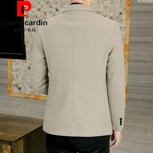 Pierre Cardin 2025 casual suit men's Korean version slim fit plus velvet thickened woolen small suit jacket autumn and winter single Western trendy knitted plus velvet khaki color 3XL