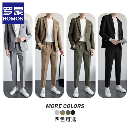 ROMON Casual Autumn and Winter Suit Men's Brown Loose, Handsome, Trendy and Mature Style Small Suit Jacket Brown Two-piece Suit + Pants L