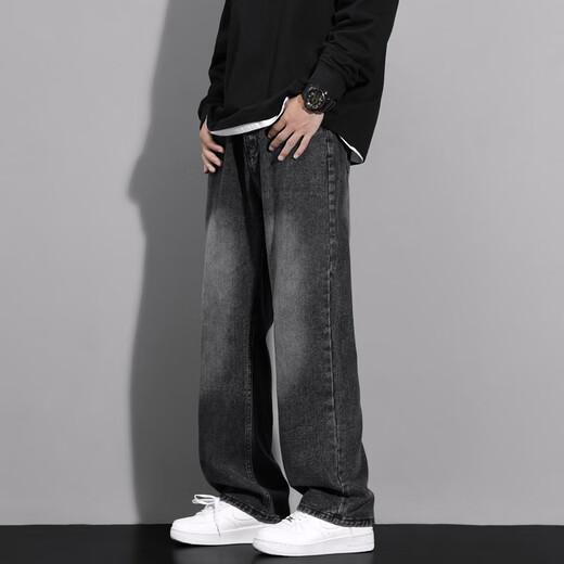 MAYBEYOND jeans men's American fashion brand high street workwear straight pants loose casual wide leg pants MA46 smoke black L