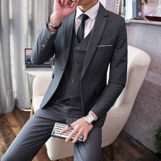 Kaduton suit men's three-piece professional business small suit formal jacket men's slim groom's wedding dress black double button suit + trousers + shirt XL 116-126Jin Jin equals 0.5 kg + 8 gifts