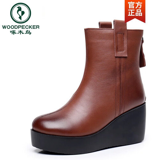 Woodpecker Wedge Boots Women's Fashion Genuine Leather Casual Round Toe Plus Velvet High Heels Thick Soled Platform Women's Boots 2026 Autumn and Winter Versatile Black Single Boots 36