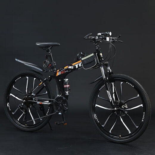 Mountain bike folding adult men's and women's variable-speed off-road double shock-absorbing adult light bicycle student flagship G70-black orange-spoked wheel 24 inches