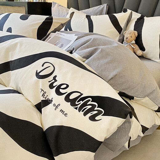 KISS DEAR simple pure cotton bed four-piece set pure cotton 100 autumn and winter bedding Nantong bed sheet quilt cover bed sheet dormitory three-piece set [Main picture] M Liusha 1.5/1.8m bed [sheet style four-piece set]