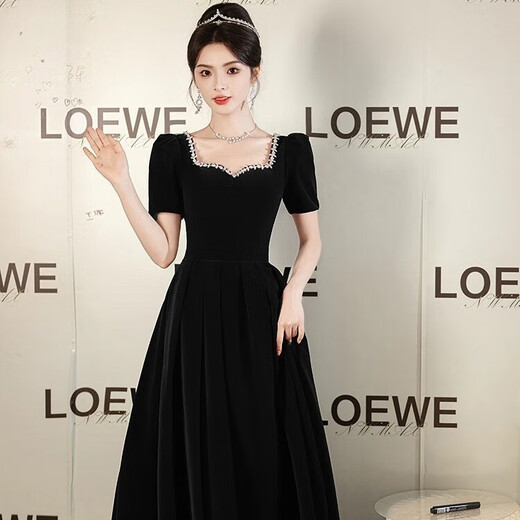 Li Baixin's new black large size evening dress annual meeting art exam velvet slimming high-end host vocal art exam dress winter black long sleeve S