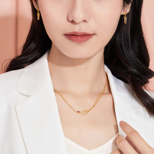 Lukfook Jewelry 18K Gold Geometric Ruby and Diamond Necklace Set Chain for Gifts cMDSKN0071Y Ruby Total 10 Points/Diamond Total 10 Points/3.45g