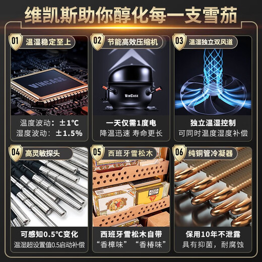 Vickers double-door constant temperature cigar and wine cabinet constant humidity tobacco and wine cabinet tea refrigerator air-cooled frost-free constant temperature and humidity wine cabinet household Spanish cedar wood naked cigar display cabinet 1.7 meters dual temperature zone cigar + cigar 520L