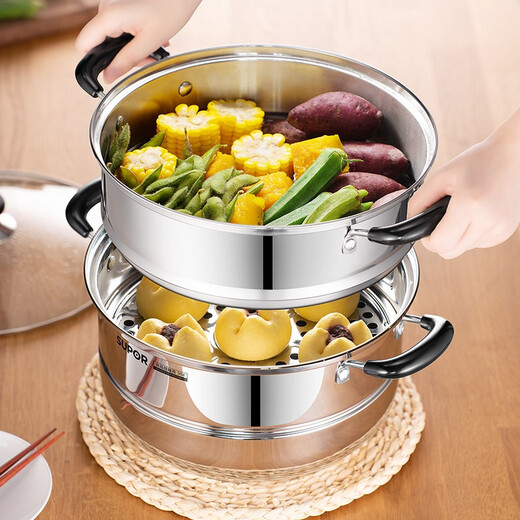 SUPOR steamer 304 stainless steel double-layer thickened large-capacity household double-bottomed two-layer steamer induction cooker gas universal pot steamer free steaming cloth 2 layers 28cm