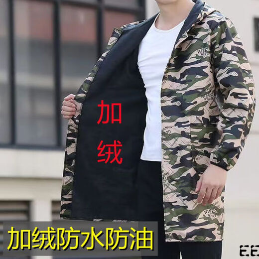 Guiren Xiong velvet thickened smock, warm coat, men's and women's work clothes, waterproof and oil-proof camouflage long coat, kitchen long-sleeved labor insurance suit, red floral (with hood), medium size (120-170)