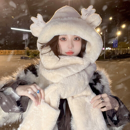 Caikaying autumn and winter bear hat and scarf all-in-one women's winter warm plush gloves three-piece set cute hooded ear protection Longbao three-piece set beige