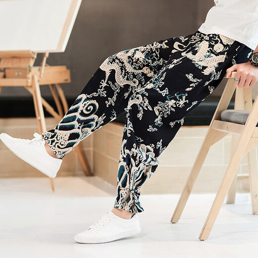Sr. Guan Estilo chino Lino impreso Lo suelto Harem Harem Harem Retro Algodón Retro Algodón Summer Estilo delgado Mascas informales Long 319 Borgoña XL