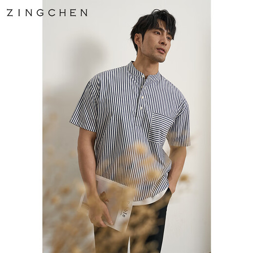 ZINGCHEN Summer atmosphere wear ZINGCHEN men's Henry collar silhouette button-down shirt stand collar casual shirt Navy stripe M