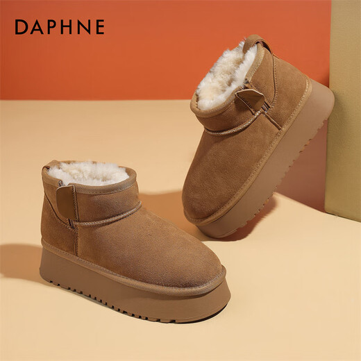 Daphne velvet snow boots for women winter 2024 new bread shoes thick-soled short boots plus velvet thickened anti-freeze cotton shoes for women, camel 5.0cm 35