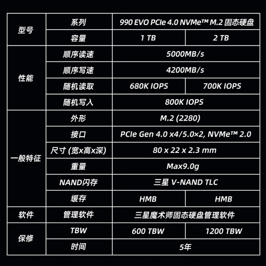 三星（SAMSUNG）2TB SSD固态硬盘 M.2接口(NVMe协议PCIe4.0*4/5.0*2) AI电脑配件 笔记本扩容 990 EVO