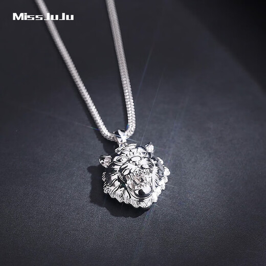 Miss JuJu pt950 platinum pendant men's platinum pendant large tag personality domineering tiger head zodiac pendant (customized) 20-22g+ with black leather cord