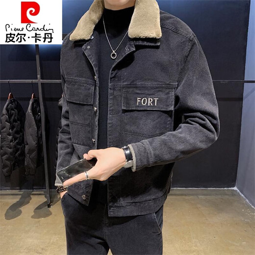 Pierre Cardin denim jacket men's winter velvet thickened Korean version trendy all-match work jacket men's clothing 8136 black XL