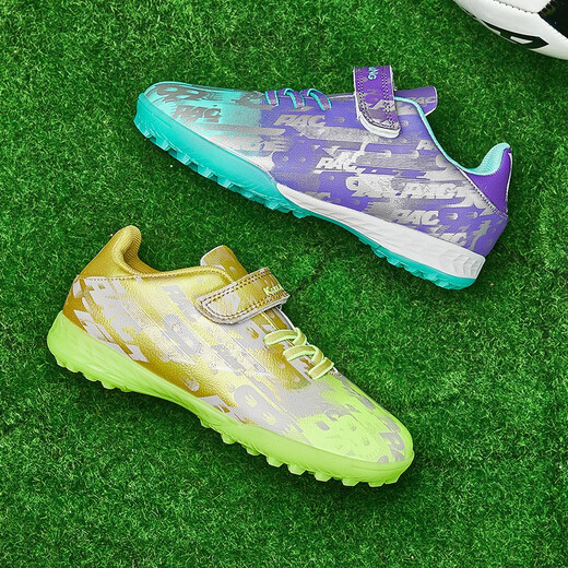 FEELACES儿童足球鞋碎钉男女专用猎鹰梅西学生训练鞋儿童tf人造草地球鞋 6195鸳鸯金紫碎钉 34【球袜+球包+护板】