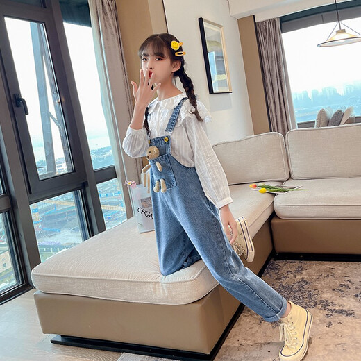 Maidou Bear children's clothing girls' denim overalls spring new style medium and large children's loose summer children's suspenders bear overalls trousers blue trousers 110