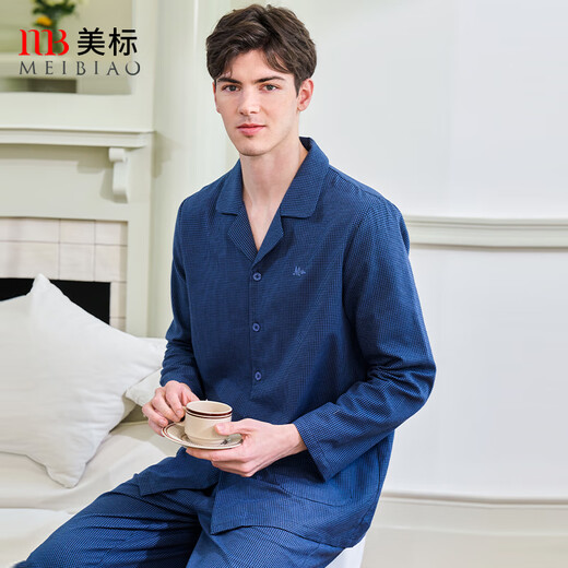 American Standard New Long Sleeve Couples Pure Cotton Pajamas Set Women's Spring Swing Houndstooth Cotton Casual Wearable Outerwear Home Clothing Men's Winter Midnight Blue XL