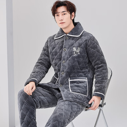 轩朵淇男士睡衣秋冬季加厚加绒珊瑚绒三层夹棉保暖中青年家居服套装冬款 C9901#黑灰色男【牛奶绒】 L(100-125斤)三层加厚
