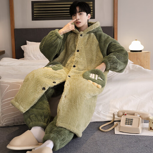 Teenage Love Story Men's Nightgown Autumn and Winter Plus Velvet Thickened Large Size Youth Coral Velvet Long Winter Cartoon Style Home Clothes Set 144N Dinosaur Robe + Pants XL Male 135-158Jin Jin is equal to 0.5 kg