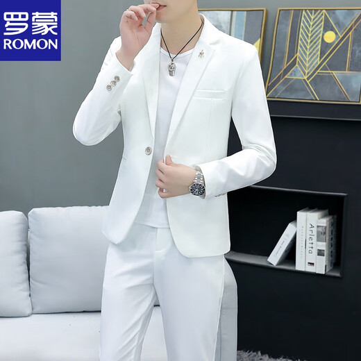 ROMON Korean style casual spring and autumn suit men's slim business formal suit groom handsome British casual small suit men black (three-piece suit - top + pants + T-shirt) L 105-120Jin Jin equals 0.5 kg
