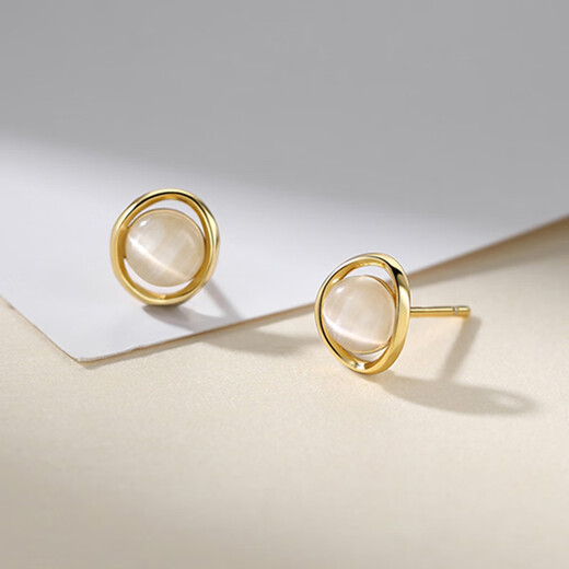 Bai Qixin s925 silver needle earrings, ring cat's eye stone 2025 new trendy niche design high-end earrings for women hot style cat's eye round earrings 925 silver needle