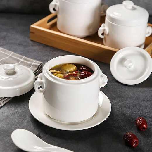 Jiayi Kitchen Ceramic Waterproof Stew Bowl Bird's Nest Stew Soup Cup Double Cover Insulated Bowl Dessert Bowl Baby Steamed Egg Small Stew Pot Steamer Bowl 700 Elephant Stew Cup + Ceramic Plate + Spoon