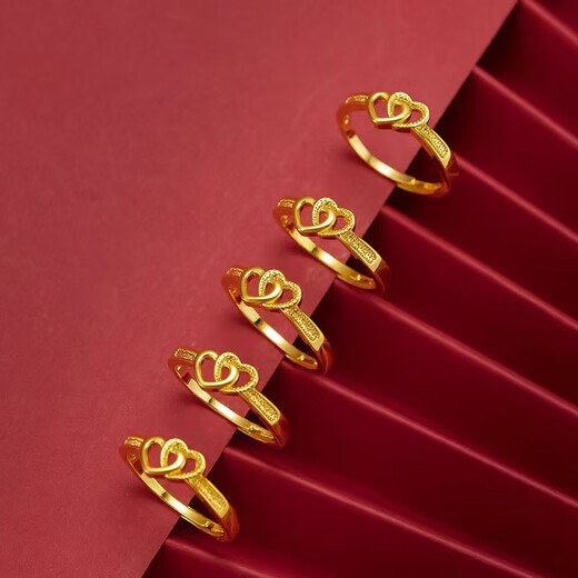 Dongzhitiandi imitation Vietnamese sand gold ancient ring for women, simulated fake gold ring opening, adjustable engagement wedding pose props, double heart open ring, 1 single ring box