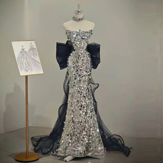 Parviso Evening Dress, Engagement Toast Dress, Light Luxury Niche High-end Host Graduation Fishtail French Sequin Style Silver Gray Same Style as Pierre Cardin It is recommended to go up one size 3XL