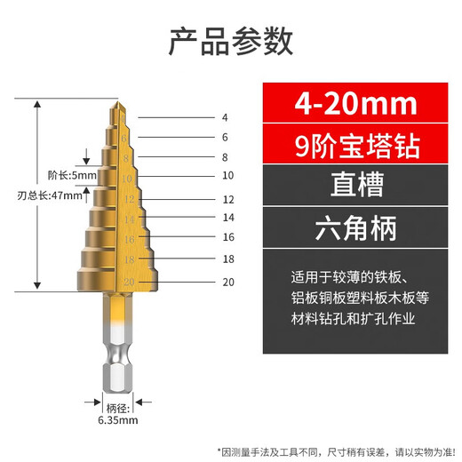 Platinum pagoda drill bit Multifunctional electric drill opener reamer drilling step stainless steel step drill bit Pagoda drill bit 4241 high speed steel 4-20 boxed