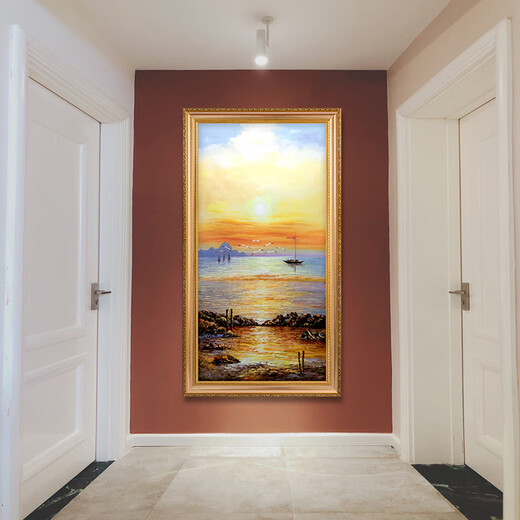 帝旗纯手绘厚油刀画海景油画入户玄关装饰画欧式走廊过道挂画竖版定制 692金实木框 80X130