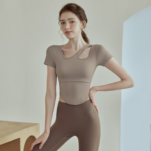 COZOK yoga wear women's short-sleeved 2025 new summer high-end fitness top Pilates training morning running sports suit apricot color top fixed cup chest pad main picture M