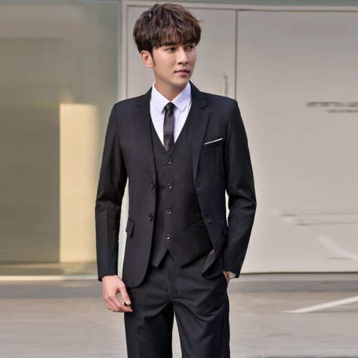 vocacool suit men's three-piece business casual professional formal wedding dress large size suit student suit jacket black suit jacket + pants + white shirt + tie XL/115-130Jin [Jin equals 0.5 kg]