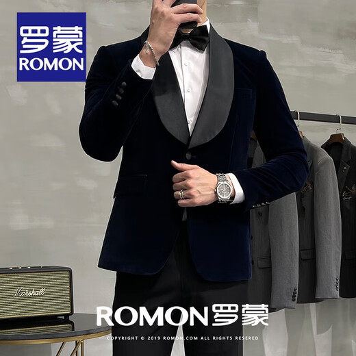 ROMON Light luxury gentleman gold velvet suit male host wedding tuxedo groom suit men's art exam evening dress black lapel suit + vest + shirt + pants 2XL