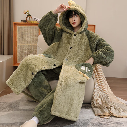 Teenage Love Story Men's Nightgown Autumn and Winter Plus Velvet Thickened Large Size Youth Coral Velvet Long Winter Cartoon Style Home Clothes Set 144N Dinosaur Robe + Pants XL Male 135-158Jin Jin is equal to 0.5 kg