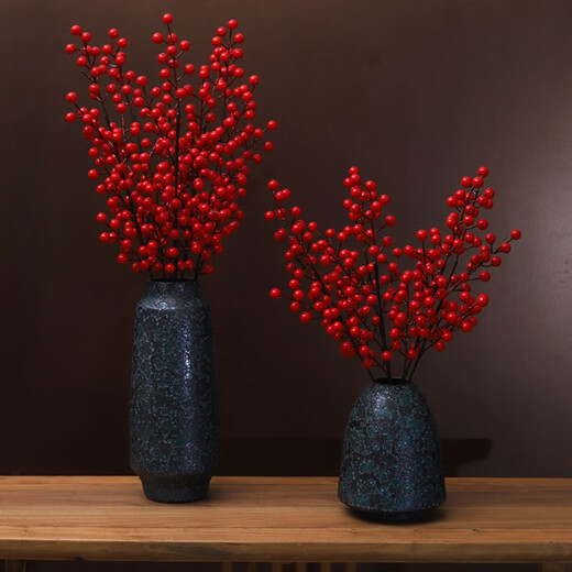 Holly red fruit fortune fruit festive artificial flower Arhat acacia vase flower arrangement home hotel decoration ornaments Baixi vase (short style) + 5 branches 4 forks fortune fruit