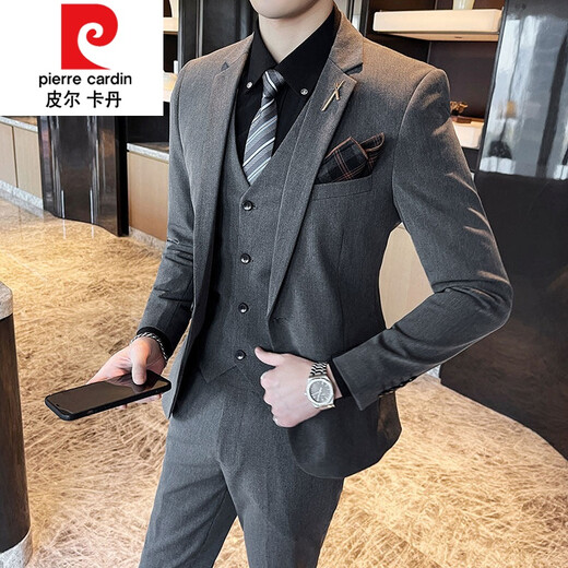 Pierre Cardin suit men's wedding three-piece Korean style casual formal suit jacket male groomsmen groom's dress knitted dark gray four-piece suit (jacket + pants + vest + white shirt) + tie M