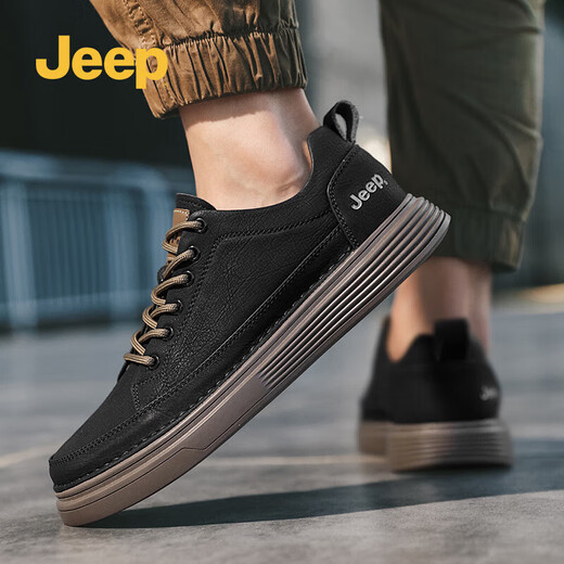 Jeep men's shoes spring and autumn all-match casual shoes cowhide sneakers outdoor sports work shoes black small leather shoes