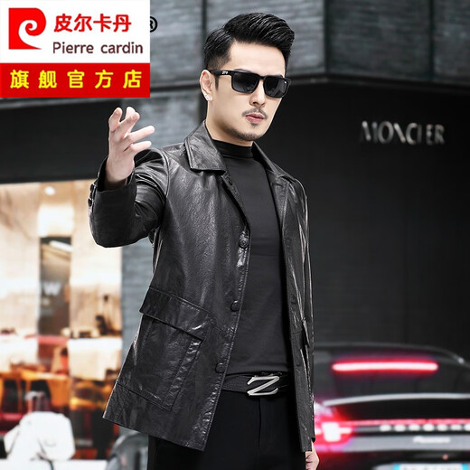 Pierre Cardin Haining first-layer waxed cowhide windbreaker genuine leather jacket for men medium-length suit collar windbreaker dad leather jacket black XL 175 (50)