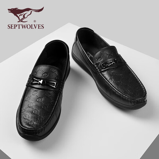 SEPTWOLVES first-layer cowhide bean shoes men's shoes men's autumn business casual leather shoes men's slip-on loafers black 42