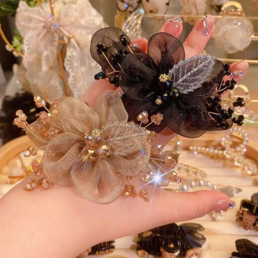 Gypsophila organza large intestine hair band for women, high-end hair rope, ball hair, flower headband, light luxury hair band, champagne color