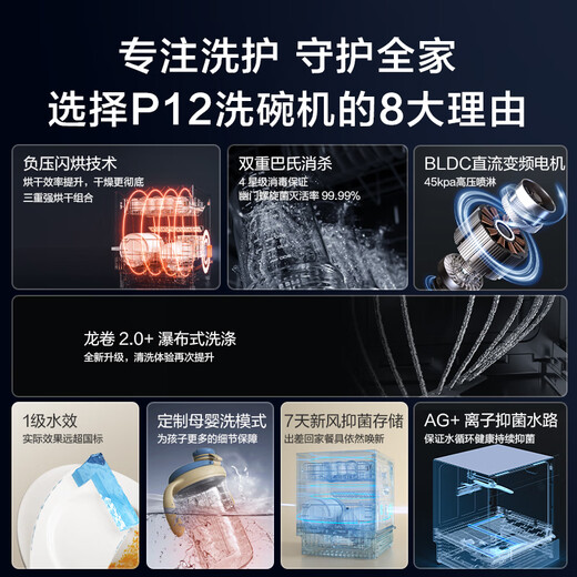 Jingdong Tokyo-made dishwasher P12 household 12-set built-in dishwasher, maternal and child washing ion water circuit, four-star disinfection, level 1 water efficiency, negative pressure flash drying, 7-day storage full function