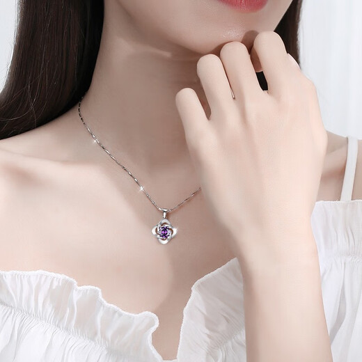 Dirholl four-leaf clover platinum necklace for women with diamonds PT950 pendant platinum clavicle chain Chinese Valentine's Day gift for girlfriend Platinum necklace with purple diamond pendant Free engraving/writing of greeting cards