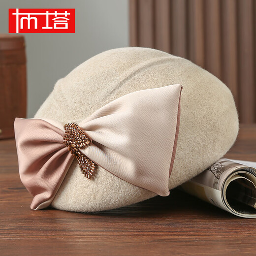 Buta autumn and winter wool beret retro woolen hat women's winter new big bow retro temperament beret hat burgundy