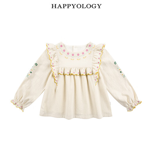 Happyology British children's girls' children's clothing ruffled shirt cotton contrast embroidered big children's top bean pink green 92 (92cm)