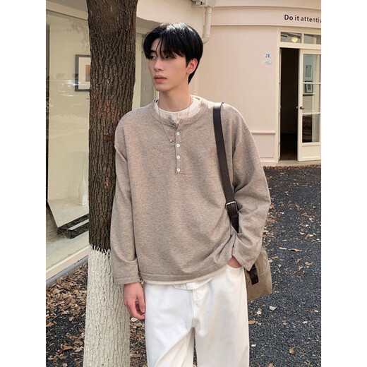 XUANSENTU fake two-piece henley sweatshirt men's autumn loose lazy style long-sleeved T-shirt American retro inner layering shirt glutinous beige upgraded model M