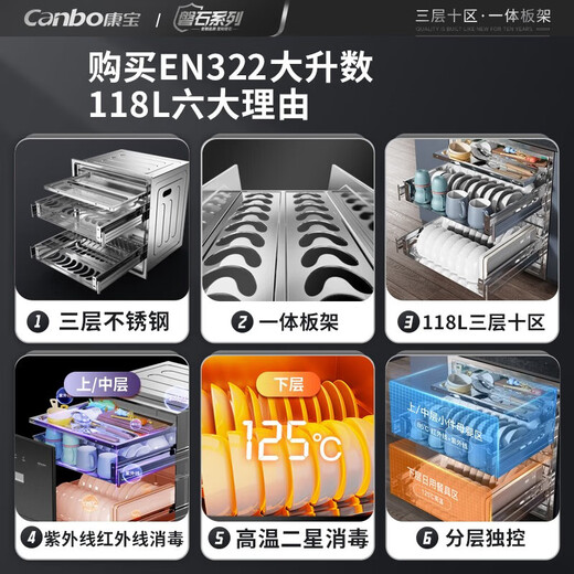 Canbo embedded disinfection cabinet three layers 118 liters new EN322 stainless steel household kitchen disinfection cupboard tempered glass panel ultraviolet high temperature two-star disinfection cabinet two-star 118L丨XDZ118-EN322